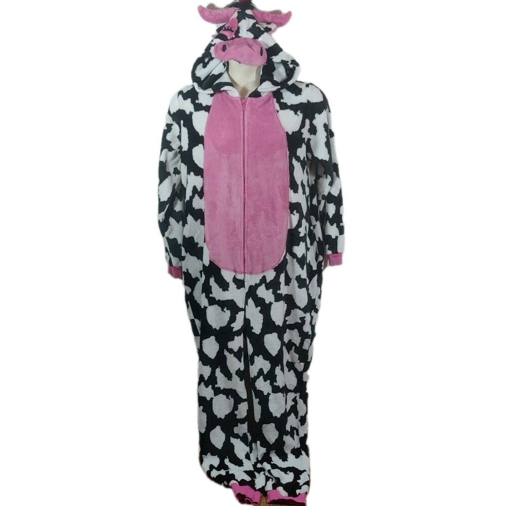Unisex 1 Pc Black White Pink Belly Cow Print Zip Closure Hooded Pajamas XL